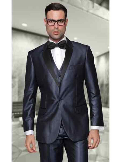 Indigo ~ Bright Blue Men's Two Toned Vested 2 Buttons Suit With Black Lapel Italian Tuxedo Looking