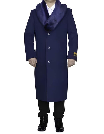 Indigo Blue Ankle Length Wool Top Coat with Fur Collar