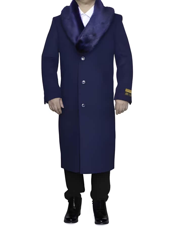 Indigo Blue Ankle Length Wool Top Coat with Fur Collar