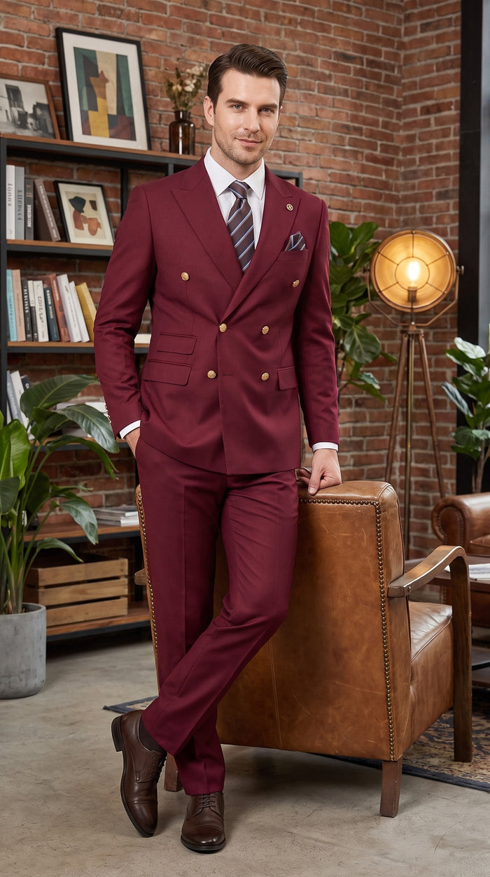 Men’s Burgundy Double Breasted Wool Suit with Gold Buttons, Modern Formal Wedding Business Suit