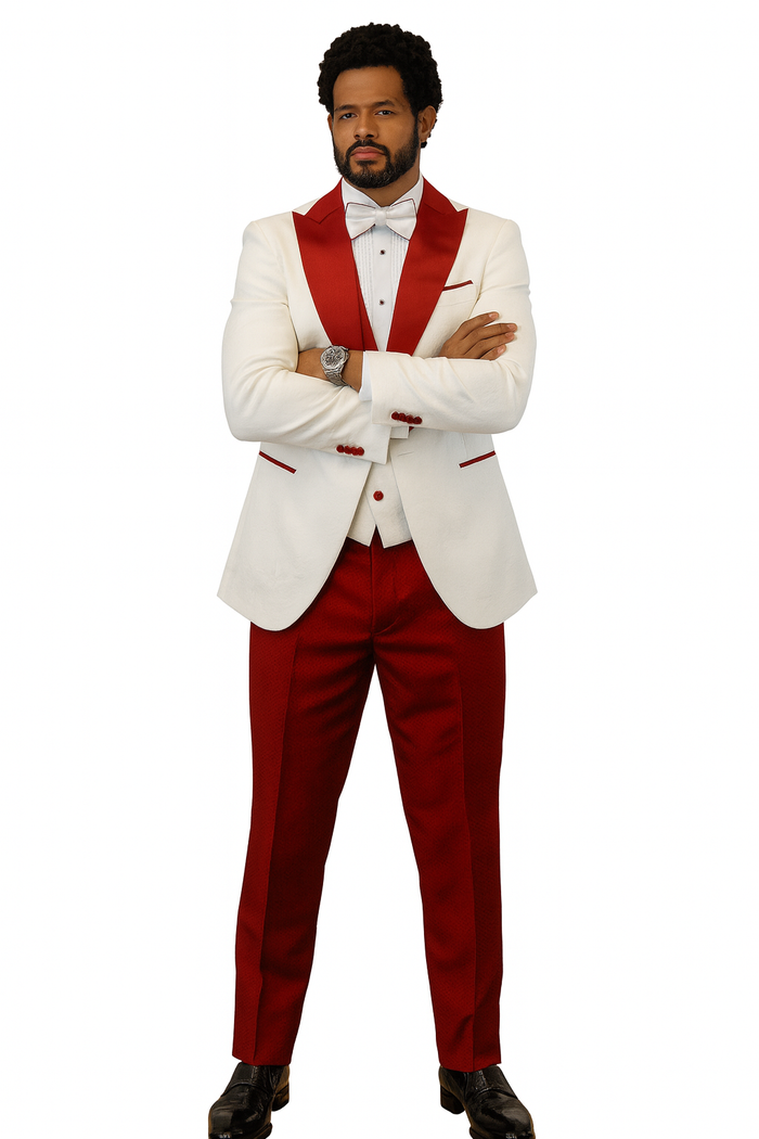 Hilton White Red Paisley Peak Lapel Tuxedo Set