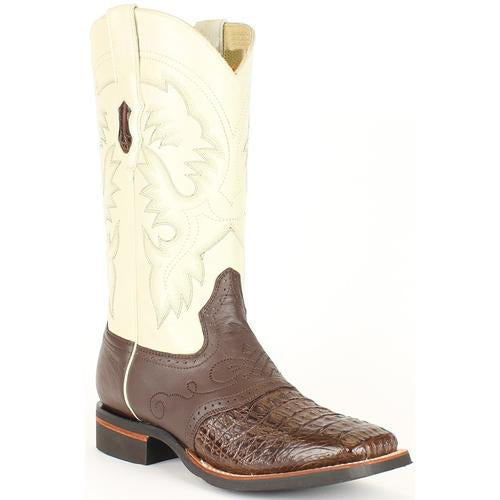 Men's Ivory/Brown Genuine Smooth Caiman Handmade Dress Cowboy Boot Cheap Priced For Sale Online
