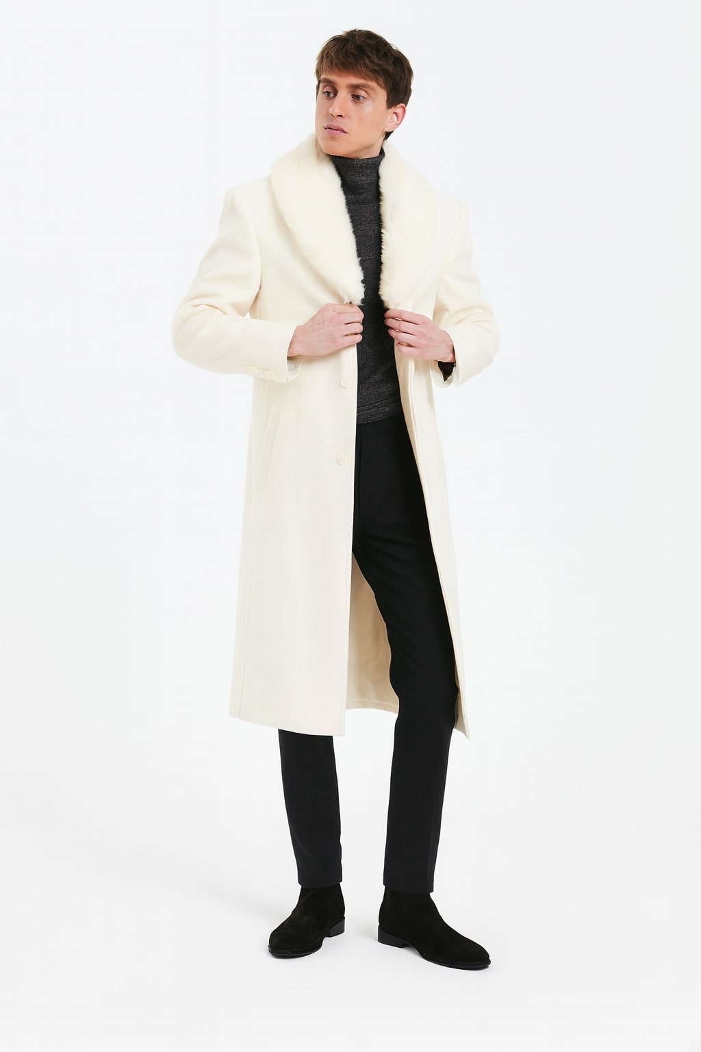 Ivory Overcoat with Faux Fur Collar MensItaly Ivory / coat-size-38-1