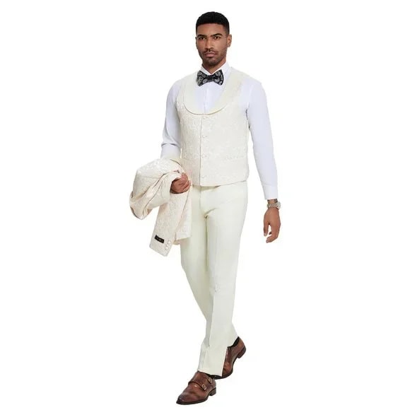 Ivory Paisley 3pc Suit Tuxedo by Tazzio