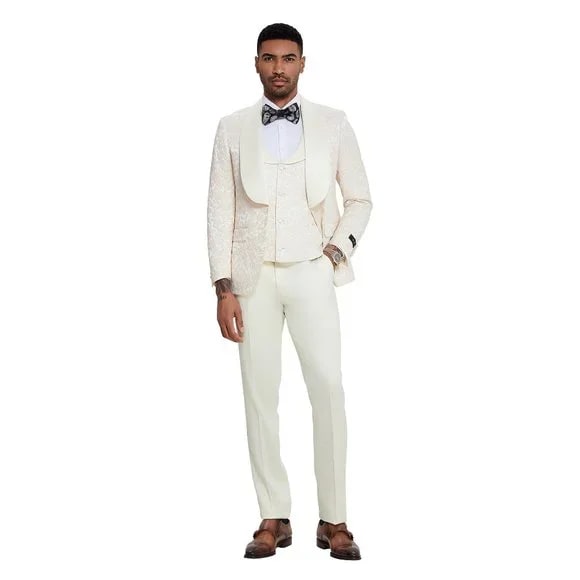 Ivory Paisley 3pc Suit Tuxedo by Tazzio