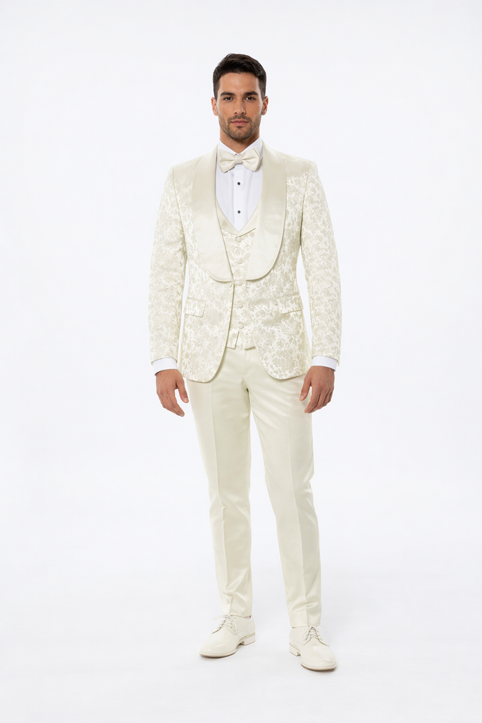 Designer Ivory Floral Tuxedo Set with Wide Shawl Lapel – Formal Wear