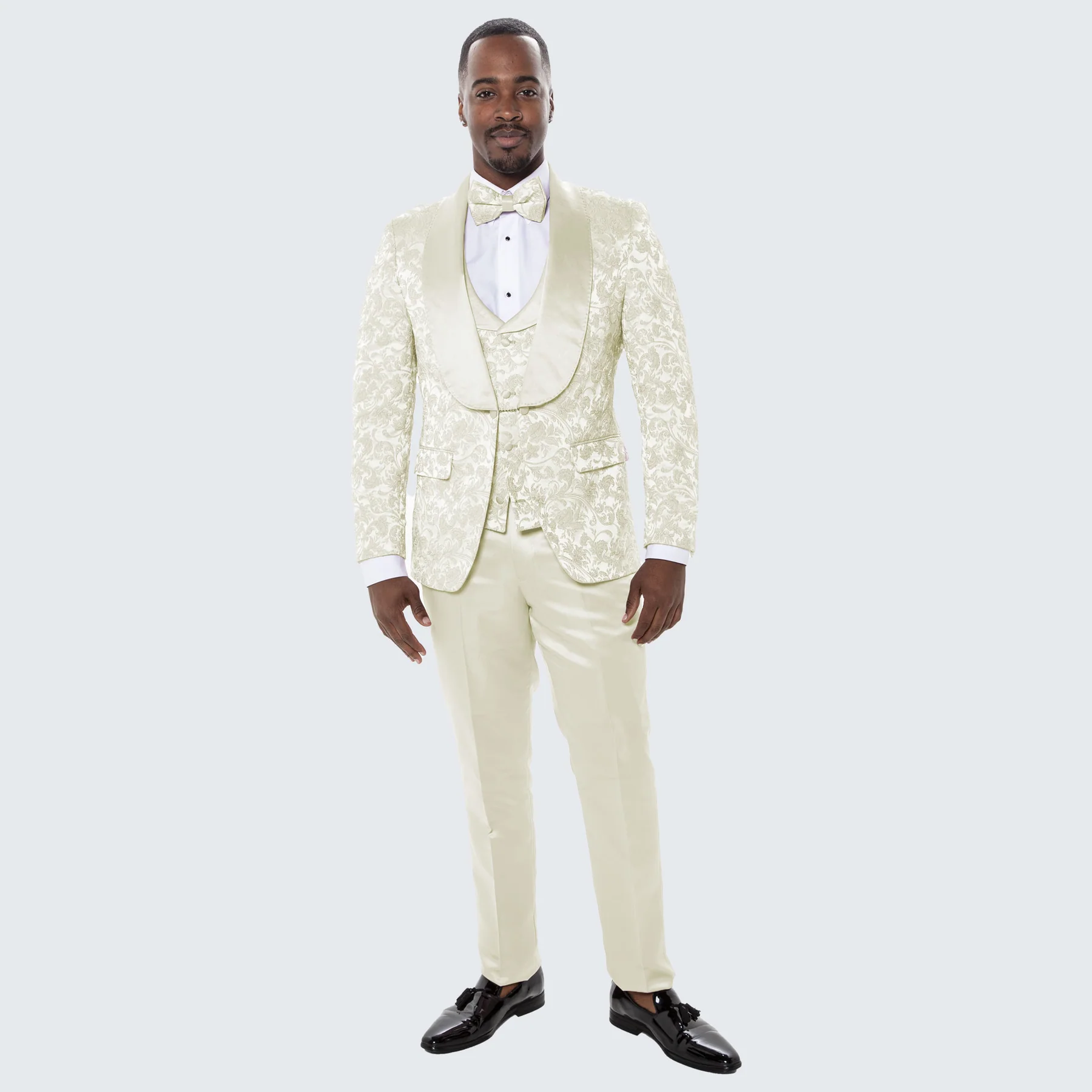 Designer Ivory Floral Tuxedo Set with Wide Shawl Lapel – Formal Wear