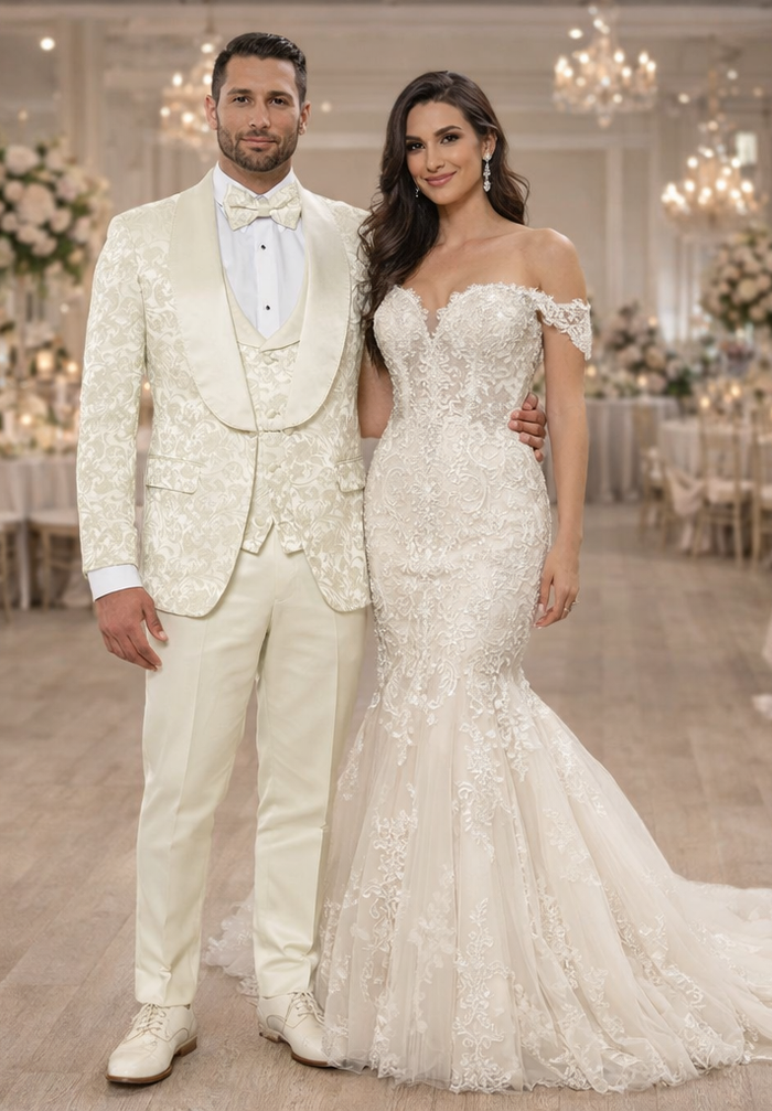 Designer Ivory Floral Tuxedo Set with Wide Shawl Lapel – Formal Wear
