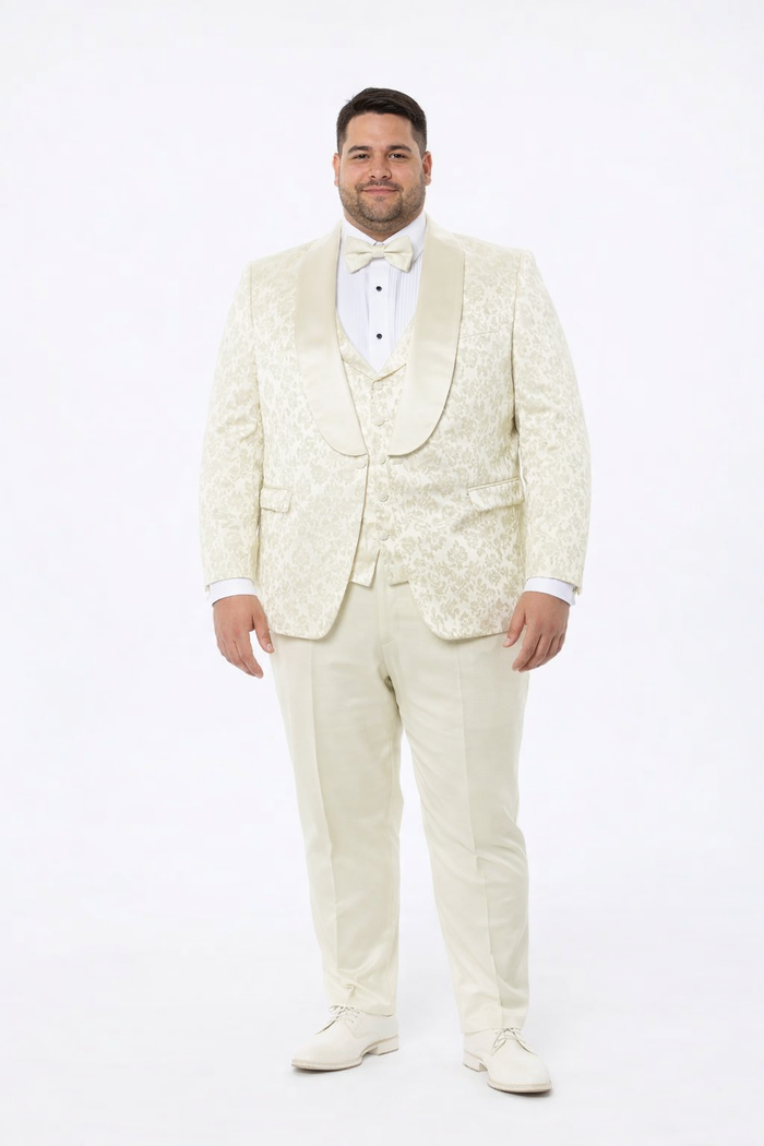 Designer Ivory Floral Tuxedo Set with Wide Shawl Lapel – Formal Wear