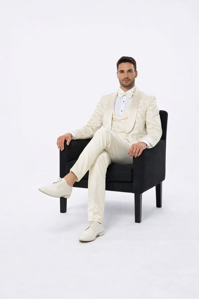 Designer Ivory Floral Tuxedo Set with Wide Shawl Lapel – Formal Wear