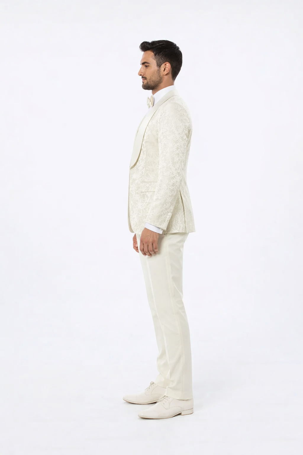 Designer Ivory Floral Tuxedo Set with Wide Shawl Lapel – Formal Wear