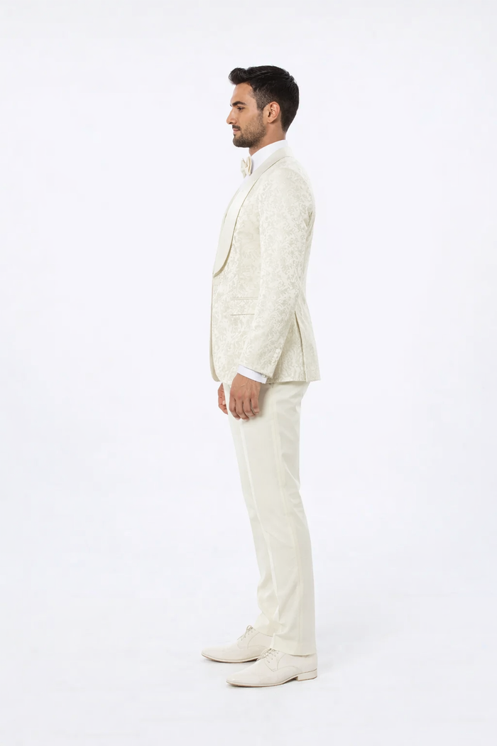 Designer Ivory Floral Tuxedo Set with Wide Shawl Lapel – Formal Wear