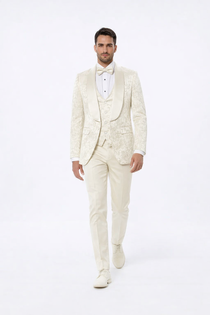 Designer Ivory Floral Tuxedo Set with Wide Shawl Lapel – Formal Wear