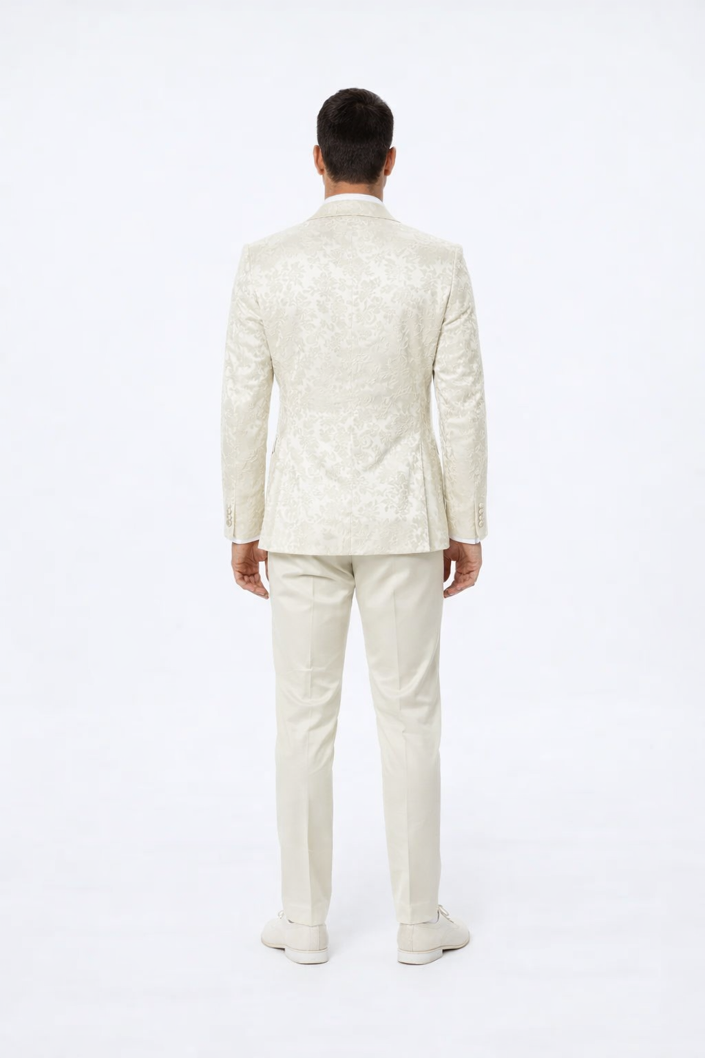 Designer Ivory Floral Tuxedo Set with Wide Shawl Lapel – Formal Wear