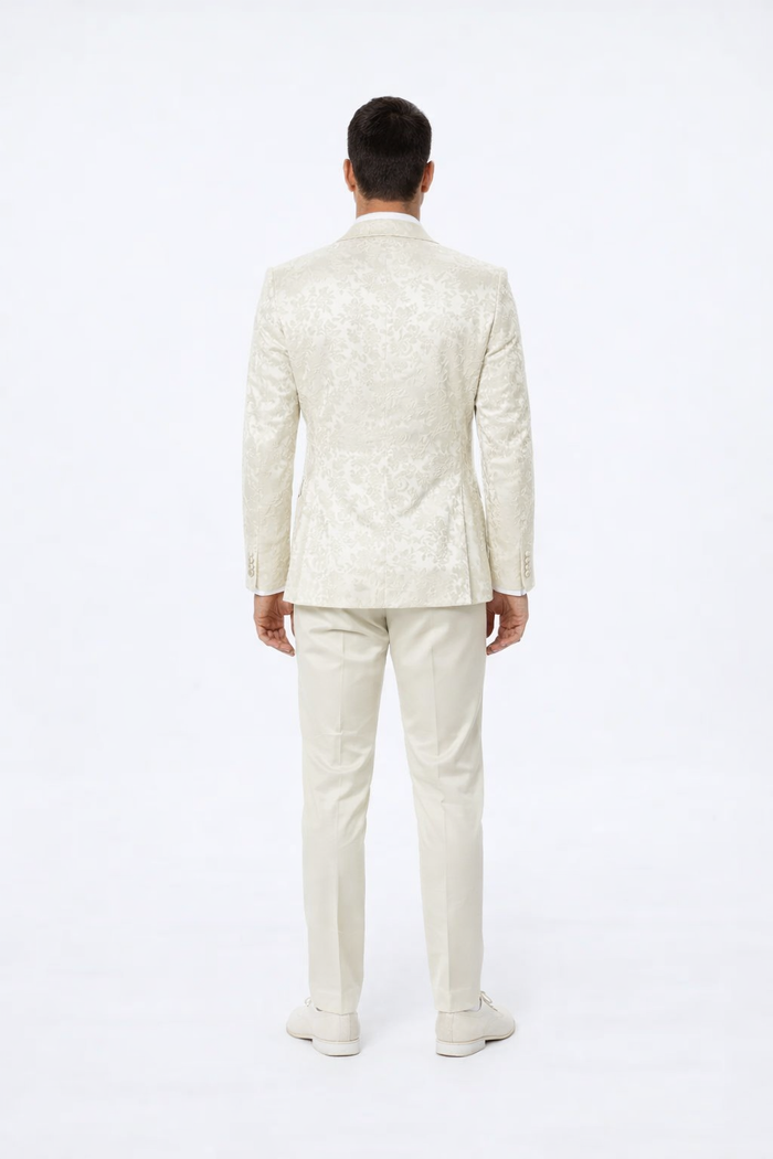 Designer Ivory Floral Tuxedo Set with Wide Shawl Lapel – Formal Wear