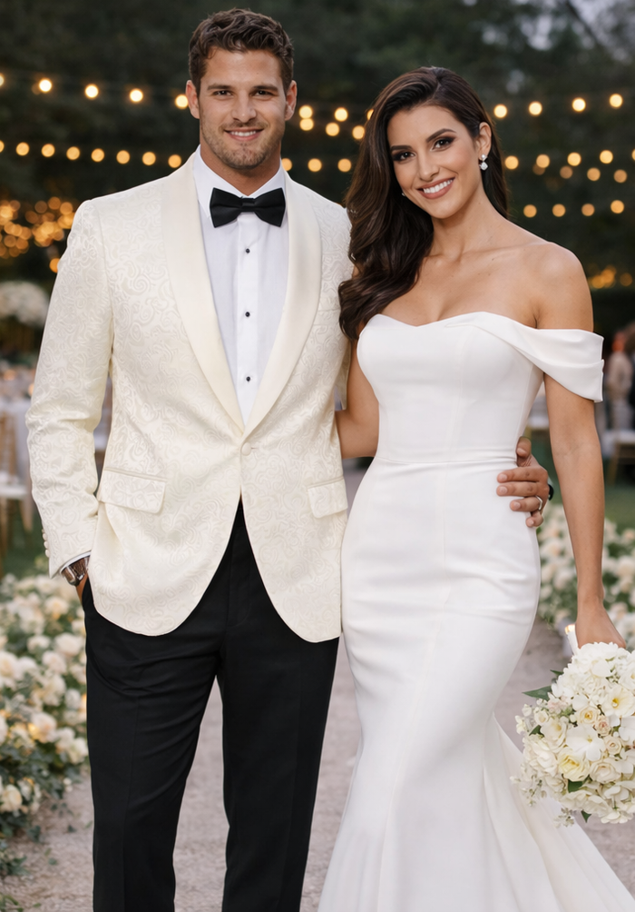 Ivory Paisley Formal Tuxedo Jacket | Shawl Lapel Men’s Wedding & Prom Blazer