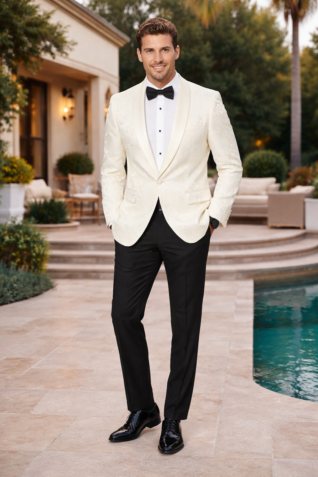 Ivory Paisley Formal Tuxedo Jacket | Shawl Lapel Men’s Wedding & Prom Blazer