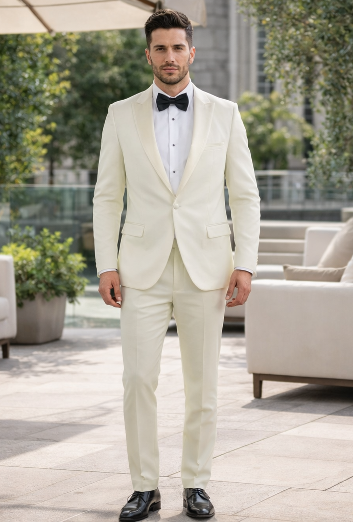 Ivory Wedding Tuxedo for Men | Slim Fit Peak Lapel Design
