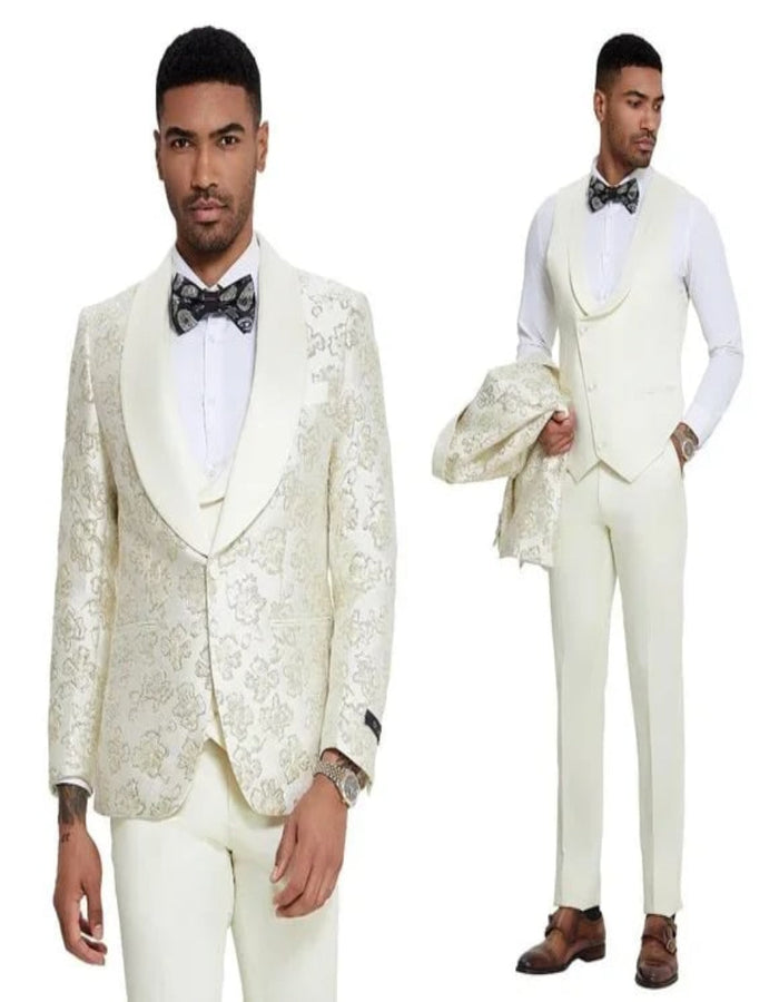 Ivory Shiny Floral 3pc Suit by Tazzio