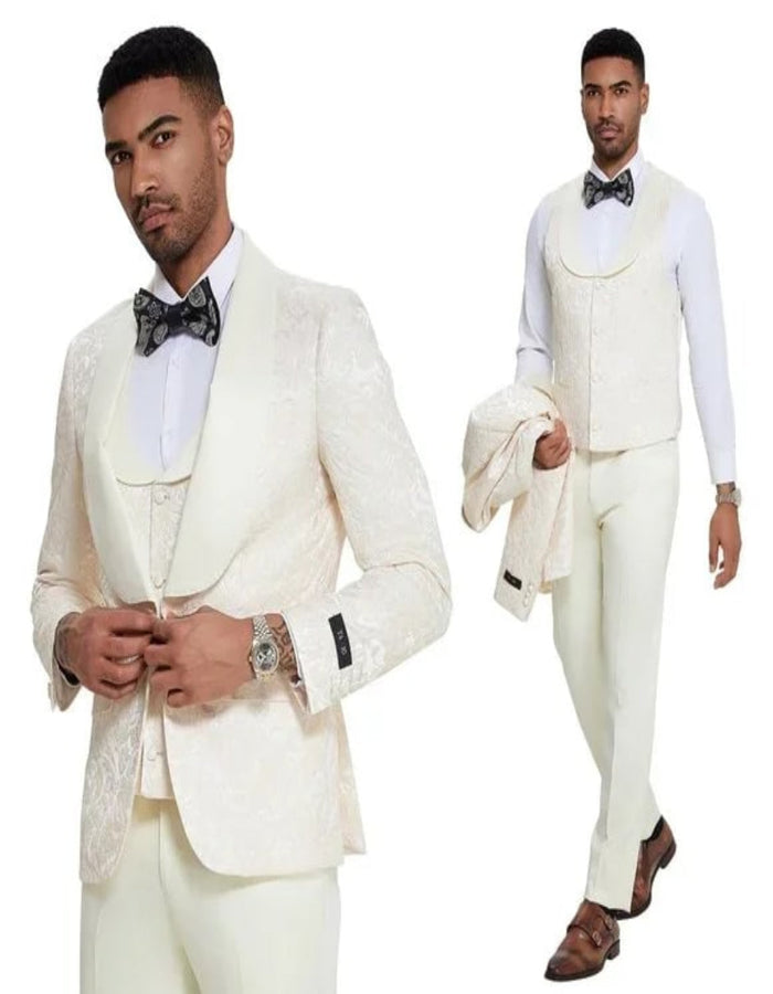 Ivory Paisley 3pc Tuxedo Suit by Tazzio