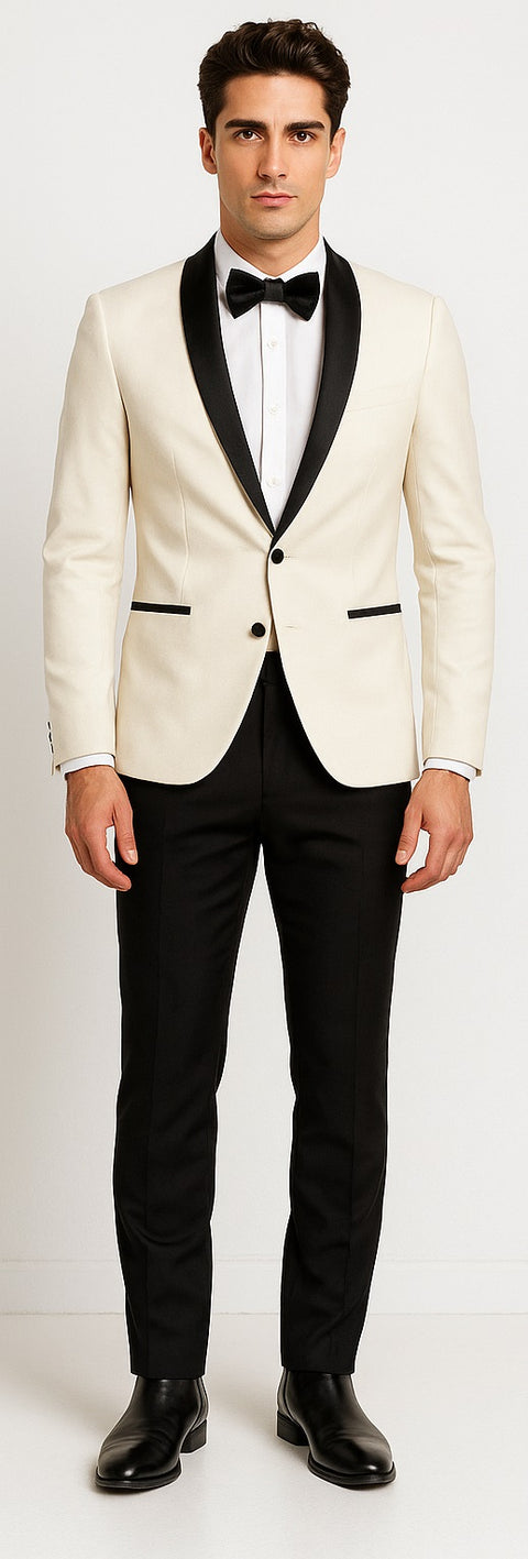 Men's Ivory ~ Cream ~ Off / Black Lapel White Shawl Collar Dinner Jacket / Blazer Black Trouser Fashion Tuxedo For Men