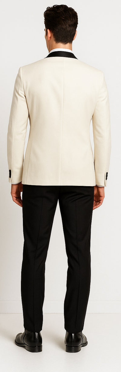 Men's Ivory ~ Cream ~ Off / Black Lapel White Shawl Collar Dinner Jacket / Blazer Black Trouser Fashion Tuxedo For Men