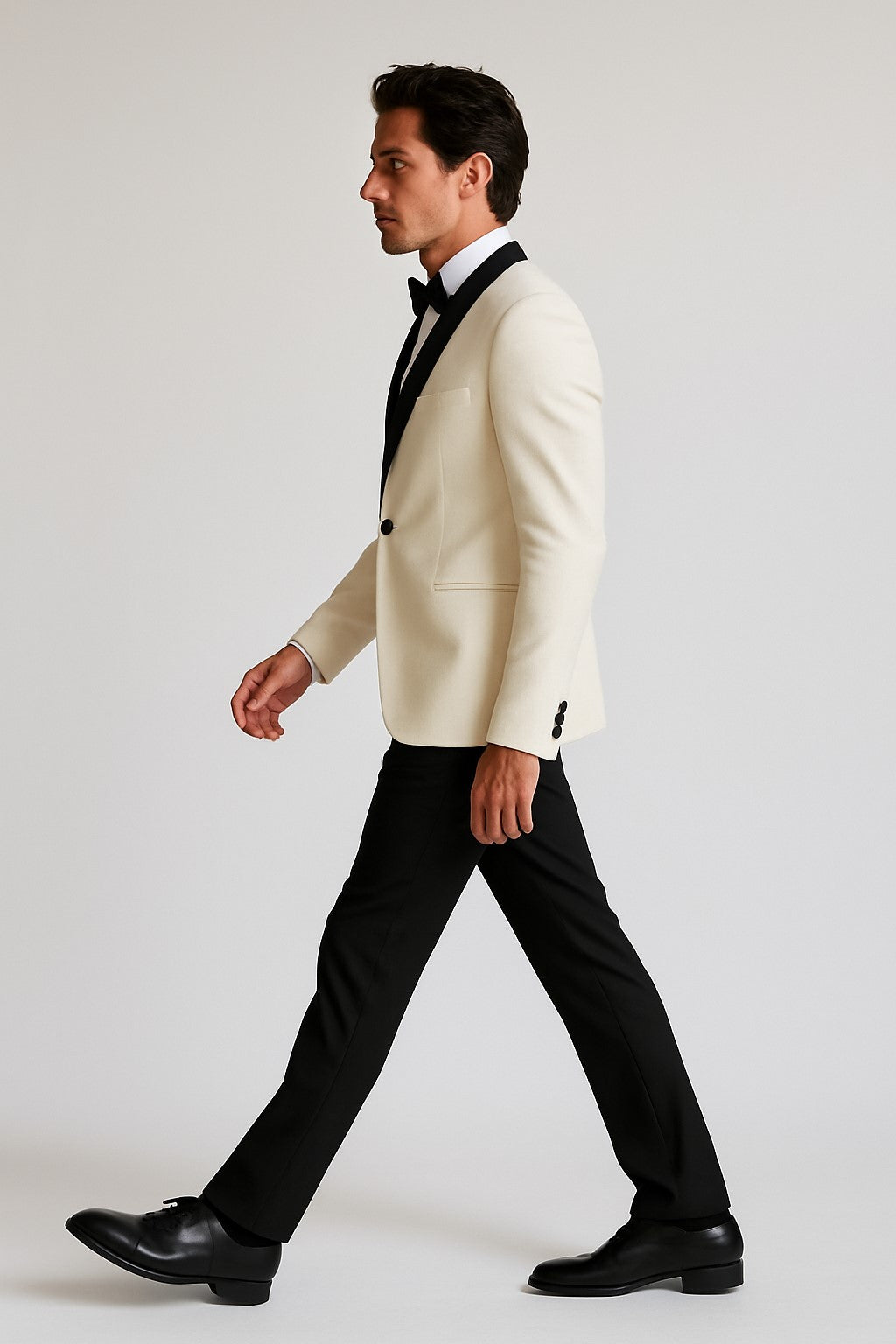 Men's Ivory ~ Cream ~ Off / Black Lapel White Shawl Collar Dinner Jacket / Blazer Black Trouser Fashion Tuxedo For Men