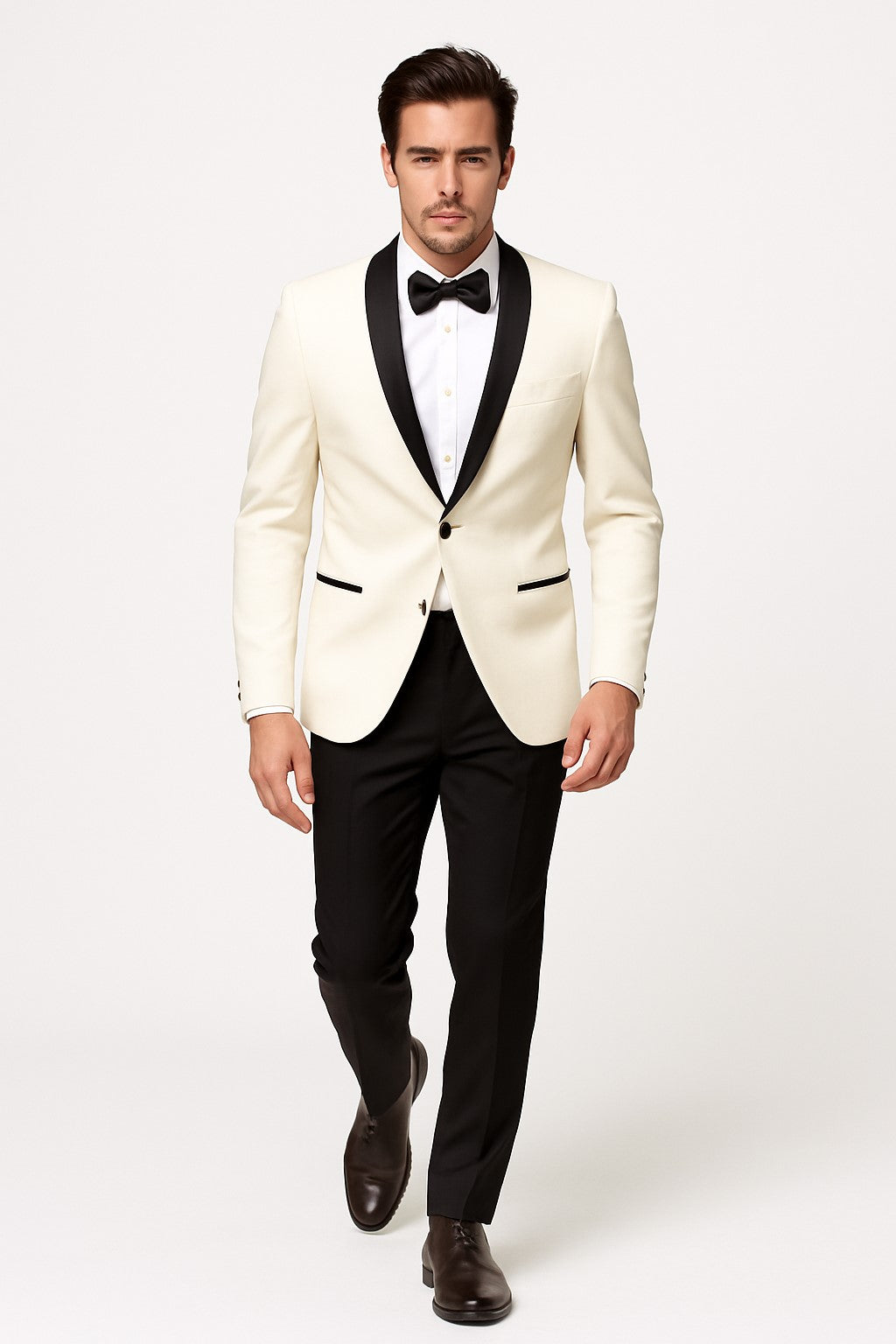 Men's Ivory ~ Cream ~ Off / Black Lapel White Shawl Collar Dinner Jacket / Blazer Black Trouser Fashion Tuxedo For Men