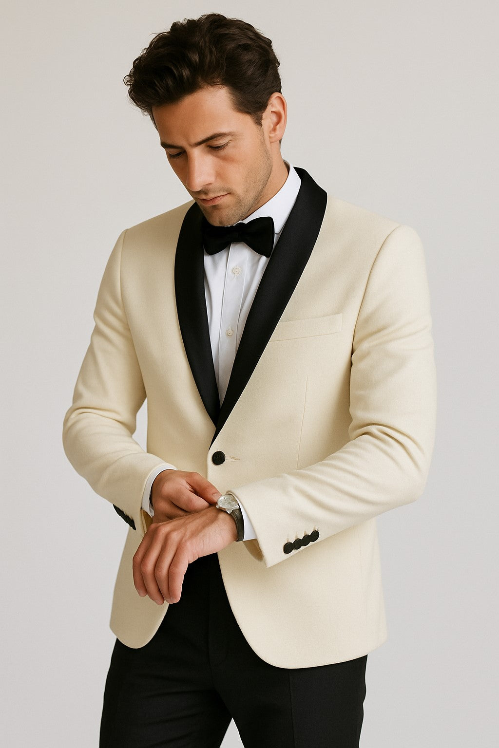 Men's Ivory ~ Cream ~ Off / Black Lapel White Shawl Collar Dinner Jacket / Blazer Black Trouser Fashion Tuxedo For Men