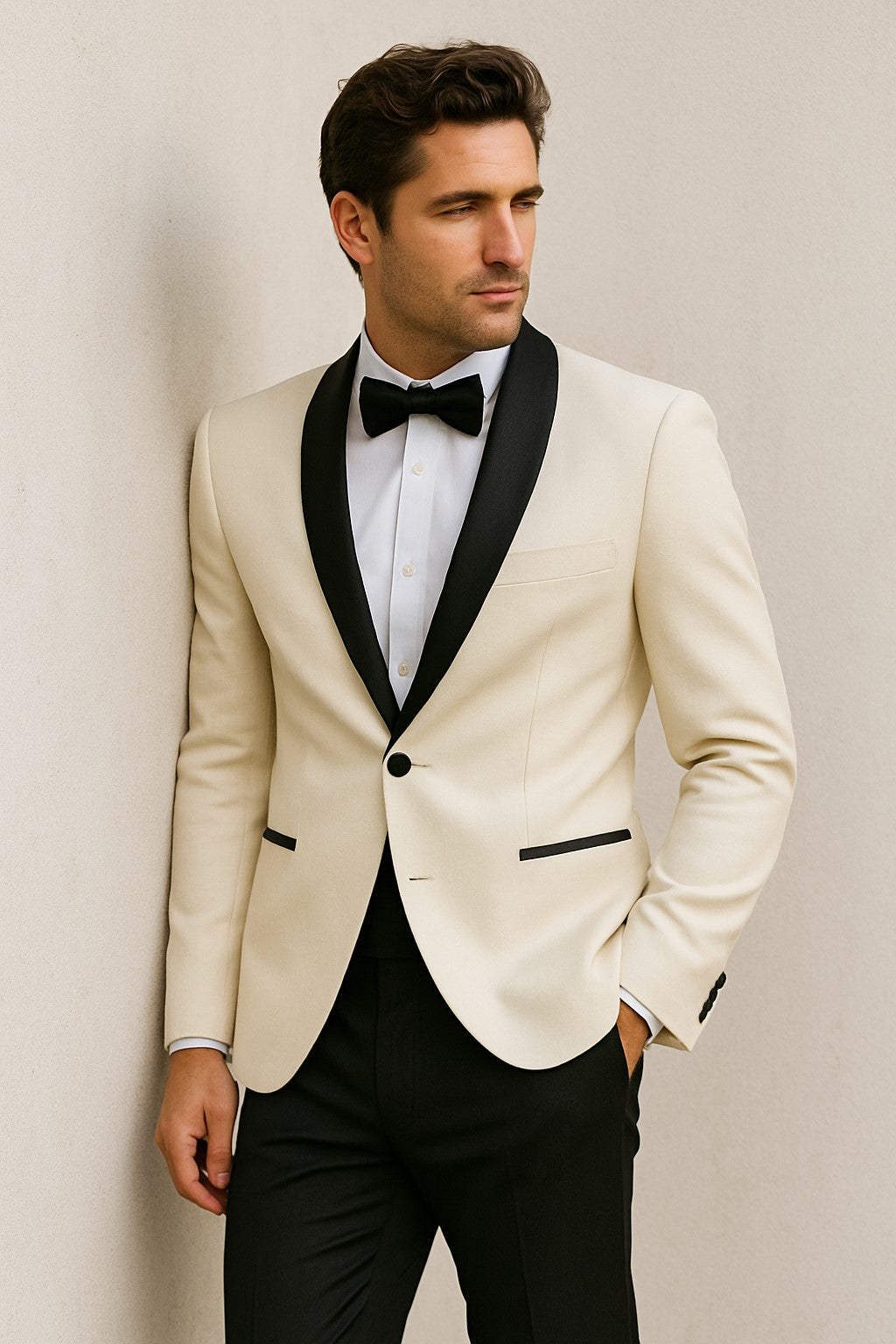 Men's Ivory ~ Cream ~ Off / Black Lapel White Shawl Collar Dinner Jacket / Blazer Black Trouser Fashion Tuxedo For Men