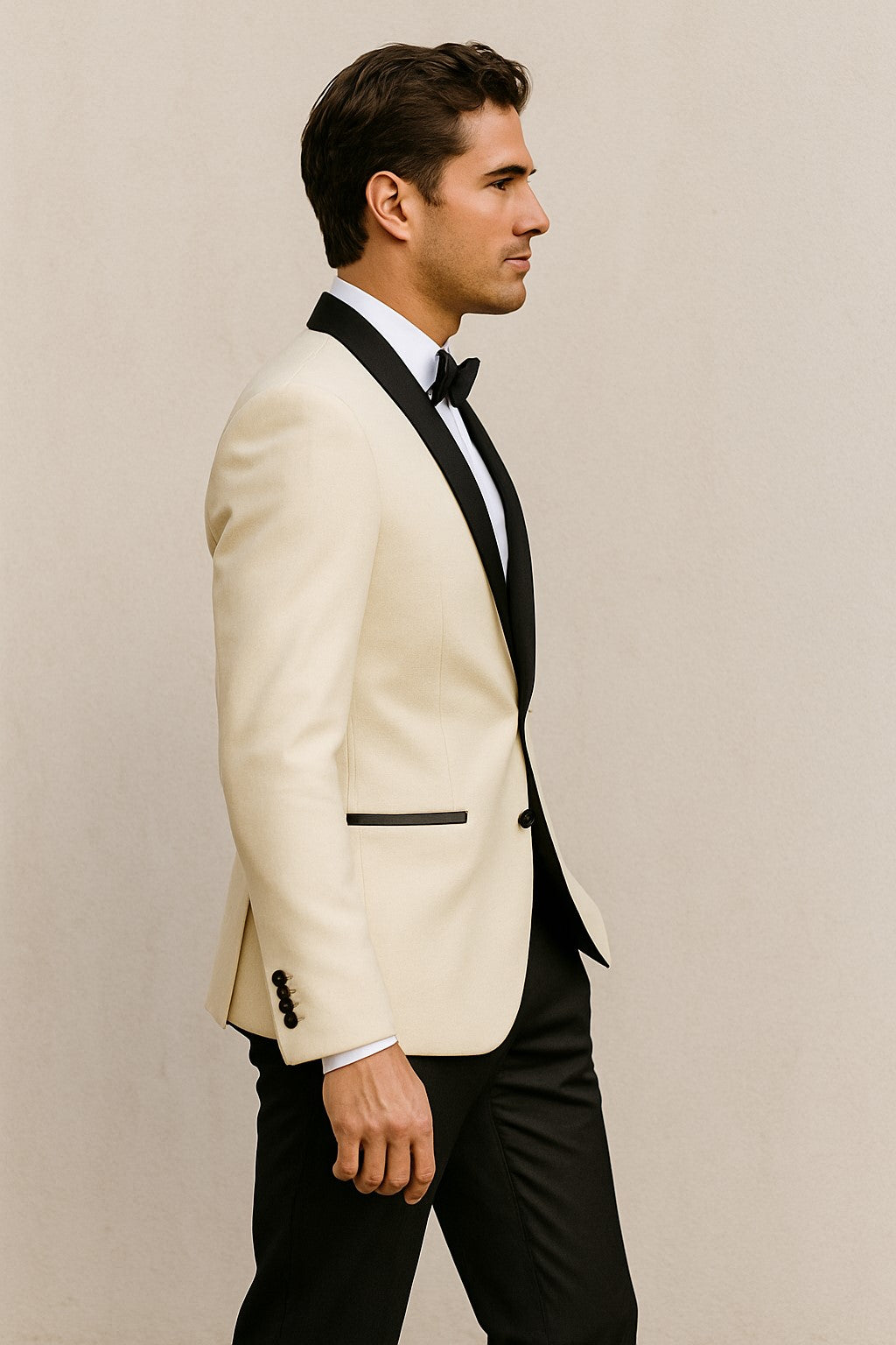 Men's Ivory ~ Cream ~ Off / Black Lapel White Shawl Collar Dinner Jacket / Blazer Black Trouser Fashion Tuxedo For Men
