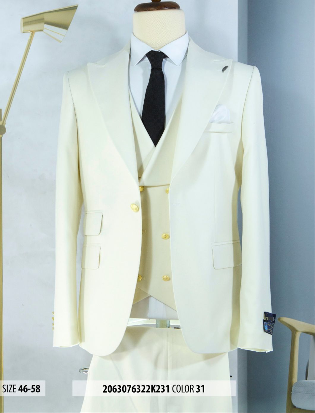 Ivory & Gold Button Cream Peak Lapel Wedding Suit