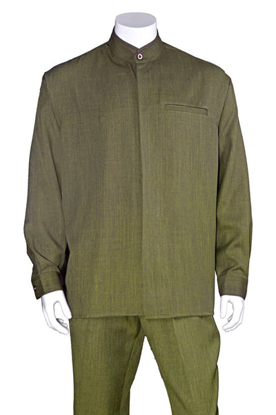 Mandarin Collar Olive Casual Set for Men