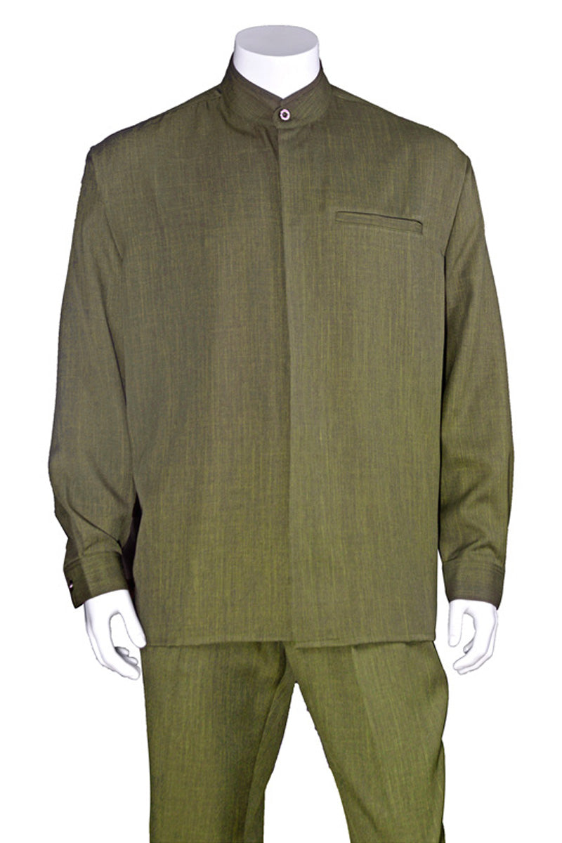 Mandarin Collar Olive Casual Set for Men