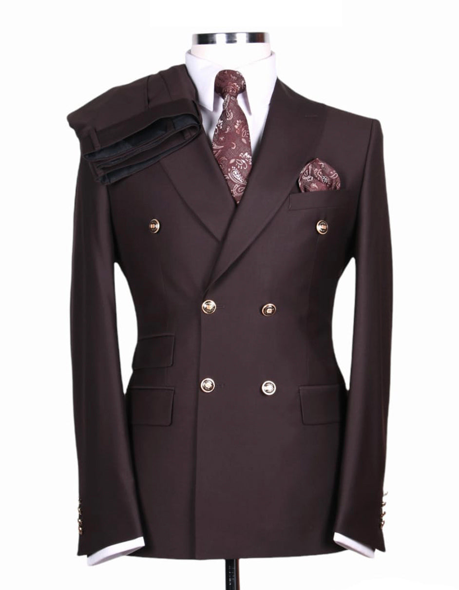 Double Breasted Gold Button Suit in Brown
