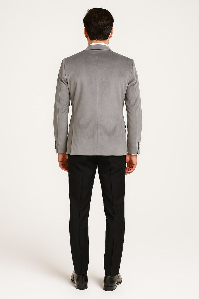 Men's Grey Velvet Tuxedo Jacket with Black Satin Lapel Suit – Mens Blazer + Black Pants