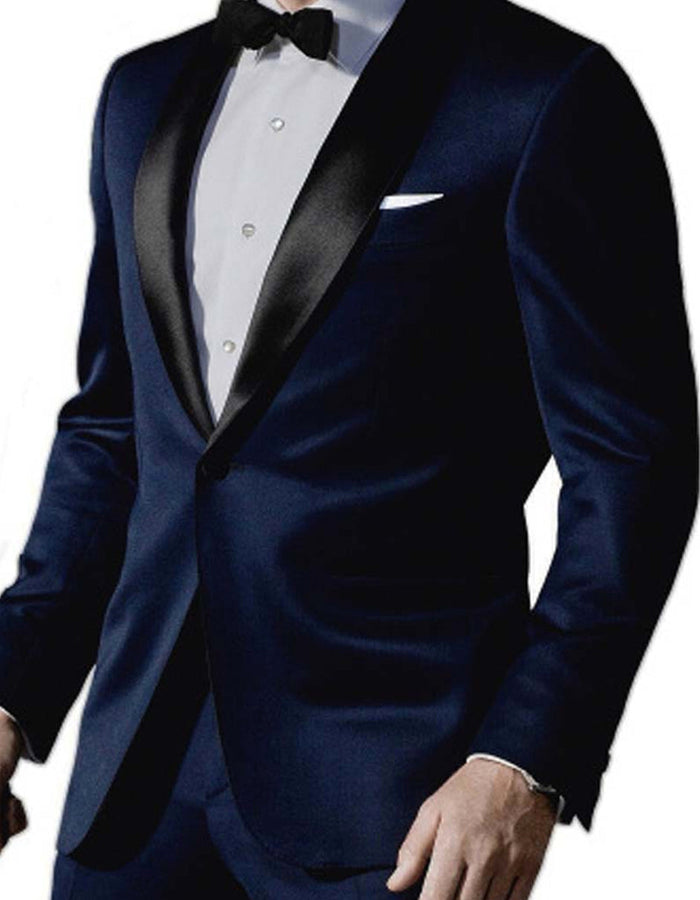 Men’s 007 James Bond Navy Wool Tuxedo – Black Satin Shawl Lapel Wedding and Formal Suit