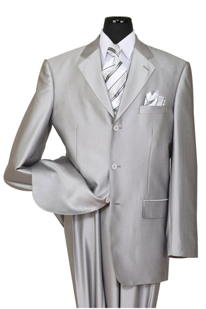 Mens 3 Button 2PC Shiny Sharkskin Suit in Silver