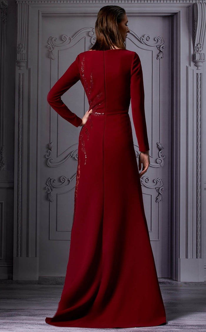MNM Couture K3850 Burgundy High Neck Column Gown