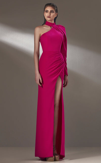 MNM Couture K3892 High Neck Red Sheath Gown with Slit