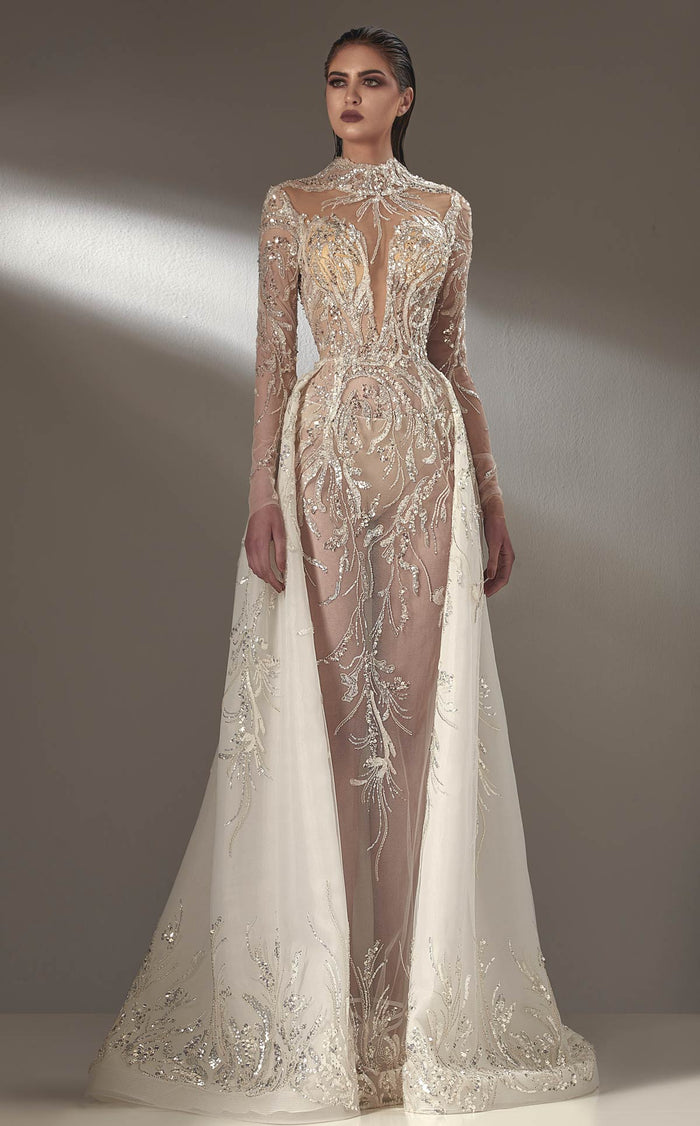 MNM Couture K3895 Off-White Beaded Lace Gown with Overlay Skirt