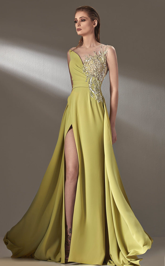 MNM Couture K3903 Yellow Sleeveless Illusion Bateau Gown