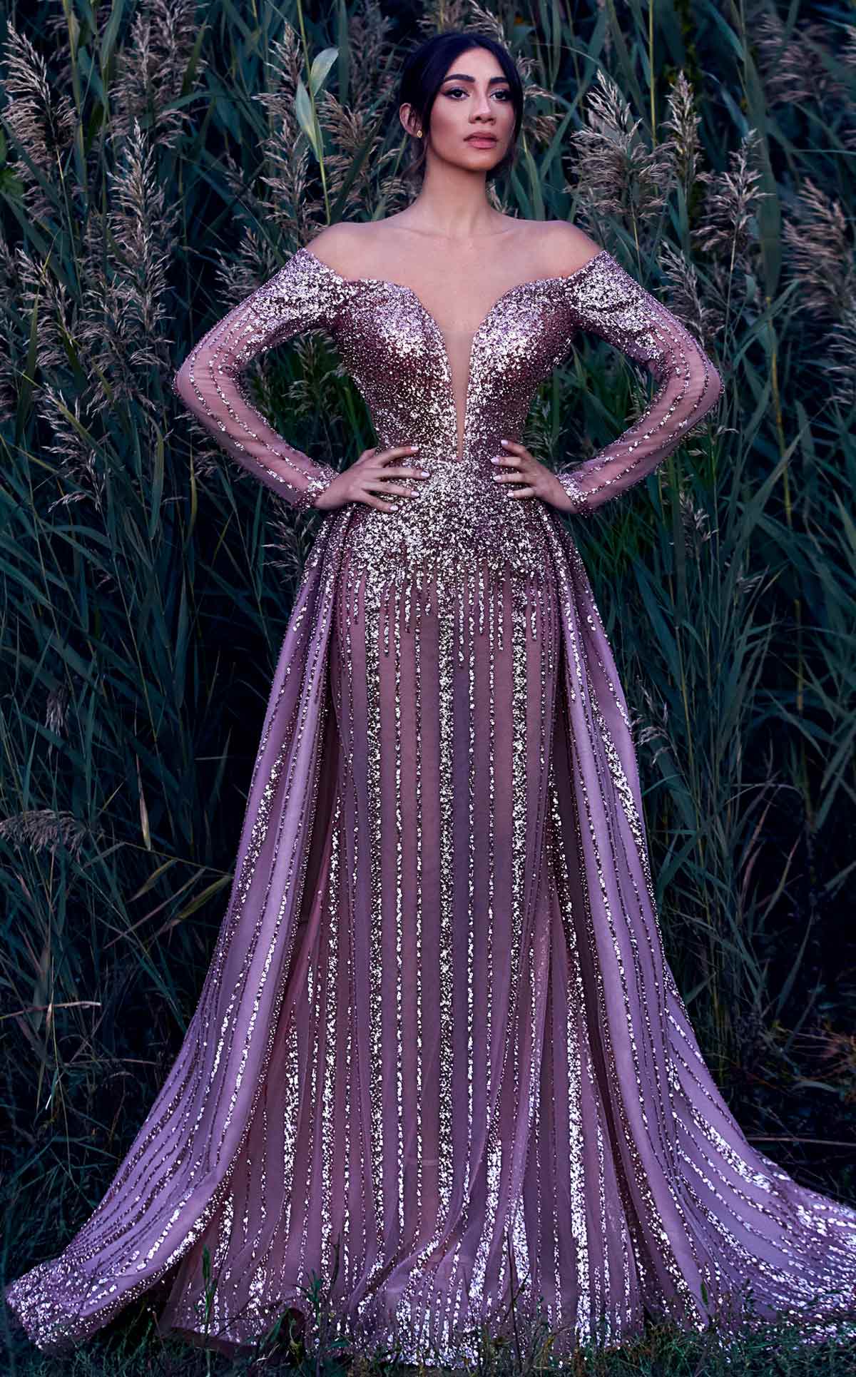MNM Couture K3913 Pink Sequined Evening Gown with Sheer Sleeves