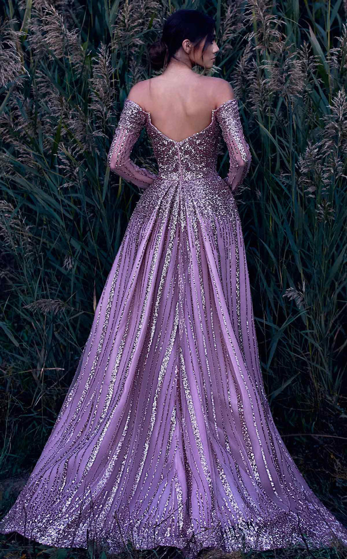 MNM Couture K3913 Pink Sequined Evening Gown with Sheer Sleeves
