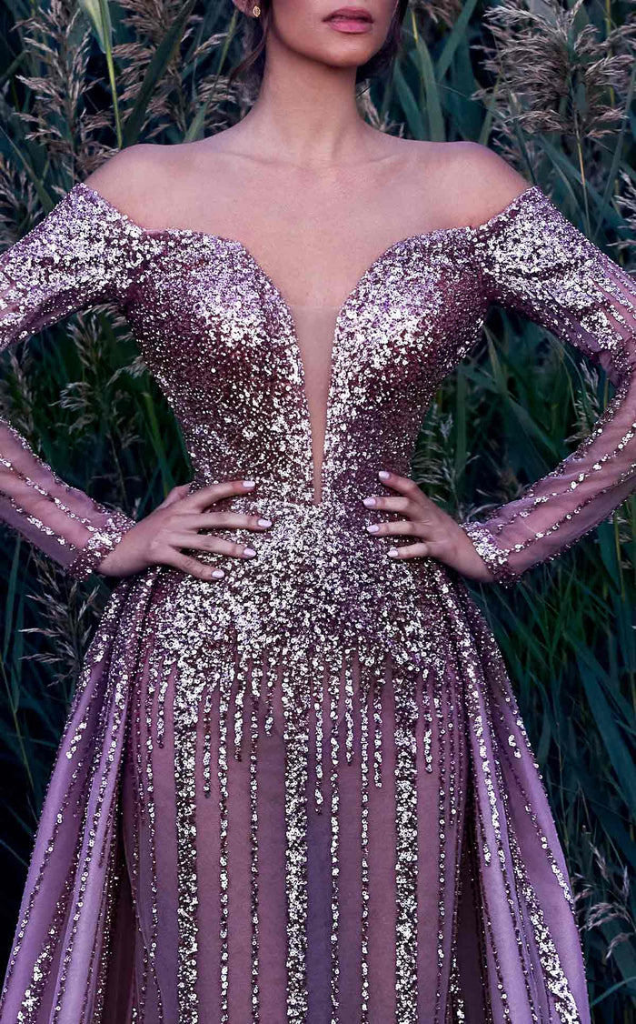 MNM Couture K3913 Pink Sequined Evening Gown with Sheer Sleeves