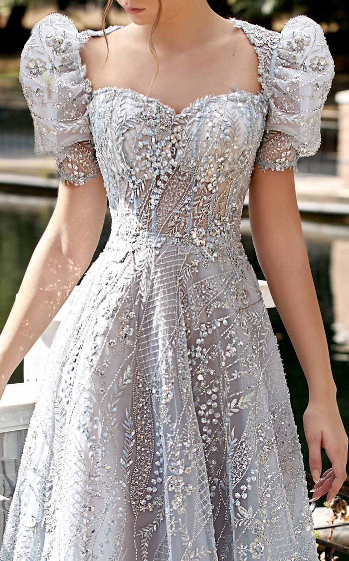 MNM Couture K3921 Blue Embellished Gown with Sheer Puffy Sleeves