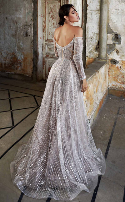 MNM Couture K3950 Beige Off-Shoulder Gown with Embellished Overskirt