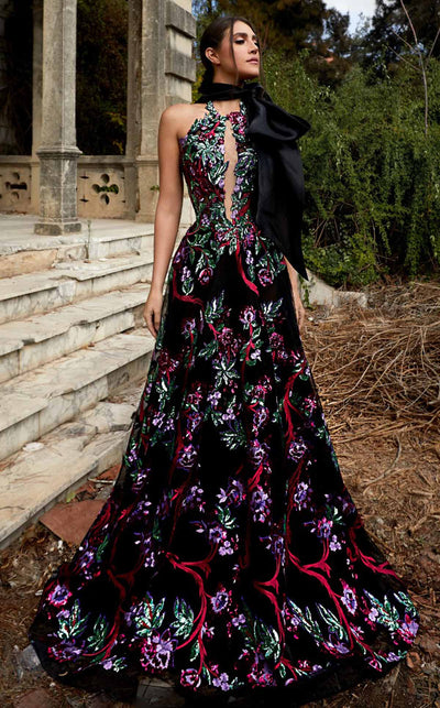 MNM Couture K3951 Black Floral Embroidered Halter Evening Gown