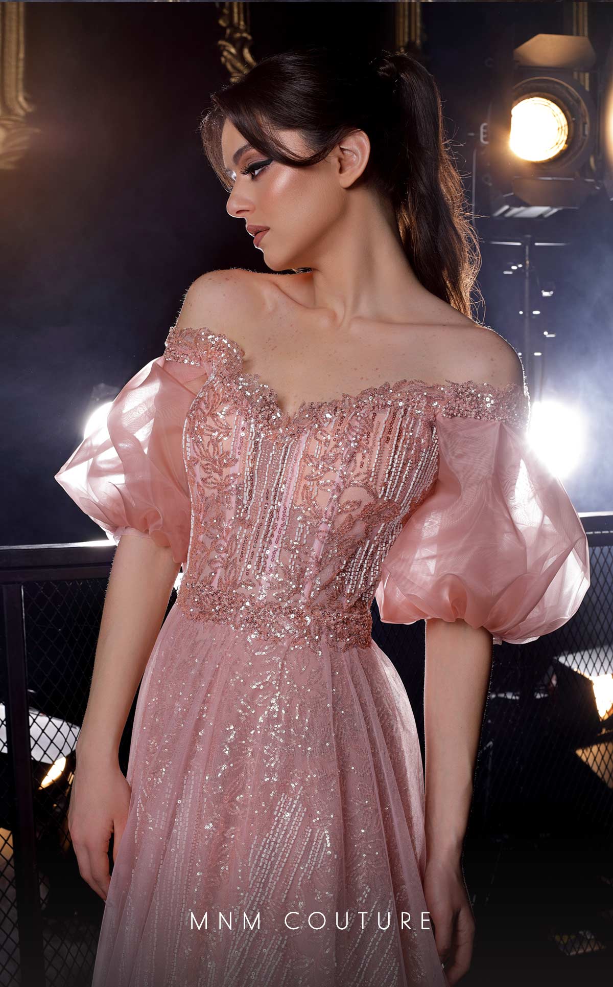 MNM Couture K3971 Pink Off-Shoulder Puff Sleeve Gown