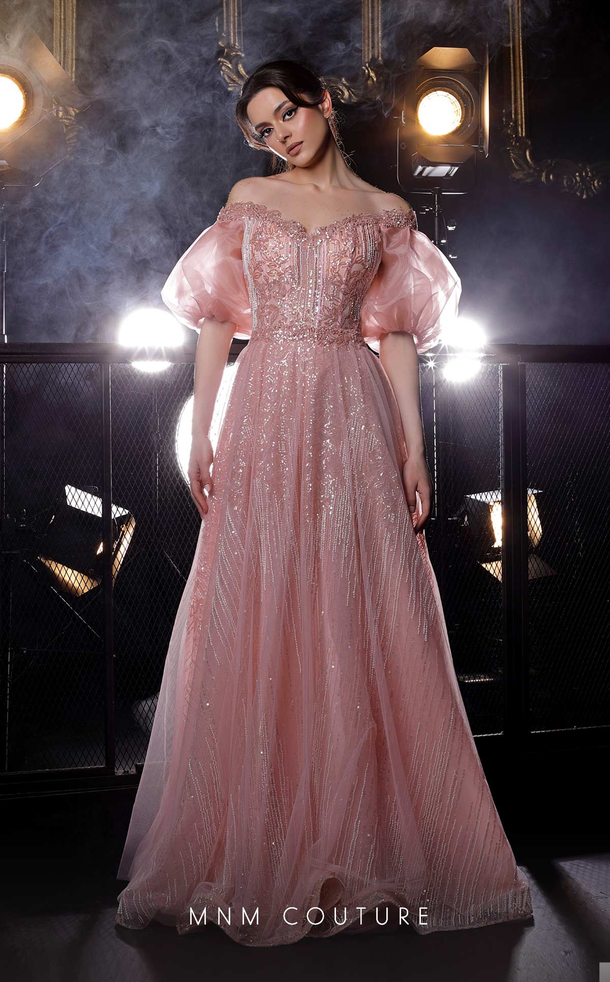 MNM Couture K3971 Pink Off-Shoulder Puff Sleeve Gown